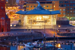 Cardiff Bay, Inner Harbour, boats in front of Welsh Assembly Senedd during Cardiff Bay Harbour Festival